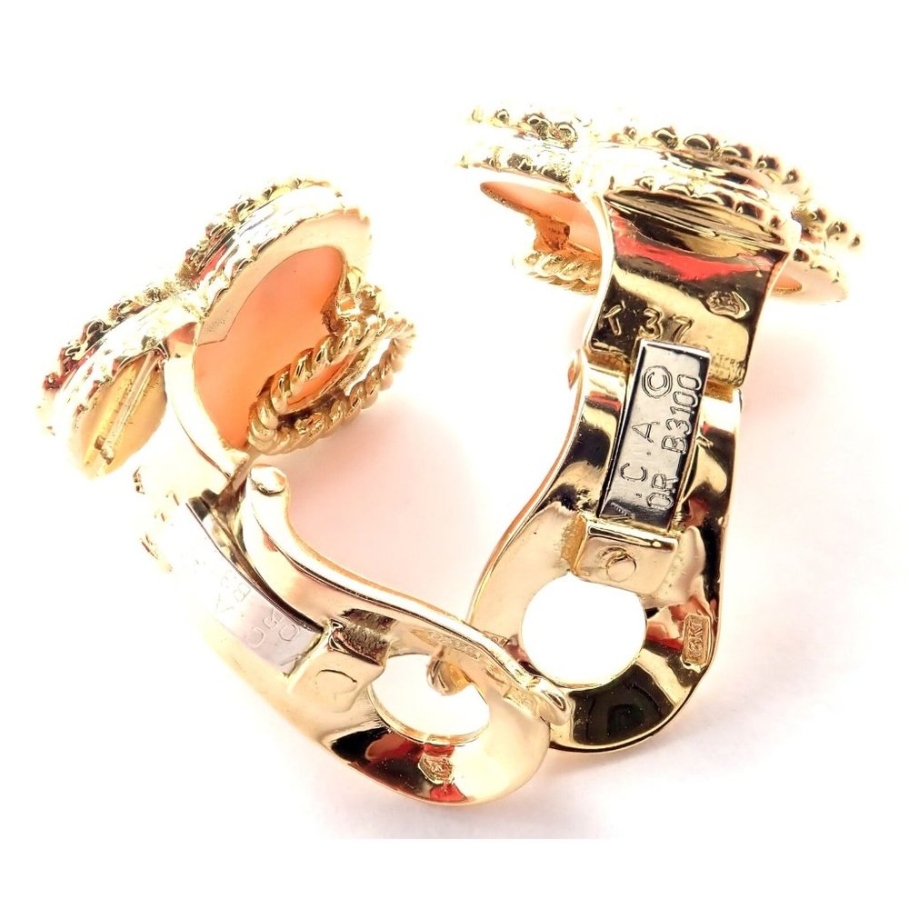 Van Cleef & Arpels Vintage Alhambra 18k Yellow Gold Angel Skin Coral Earrings - Picture 5 of 12